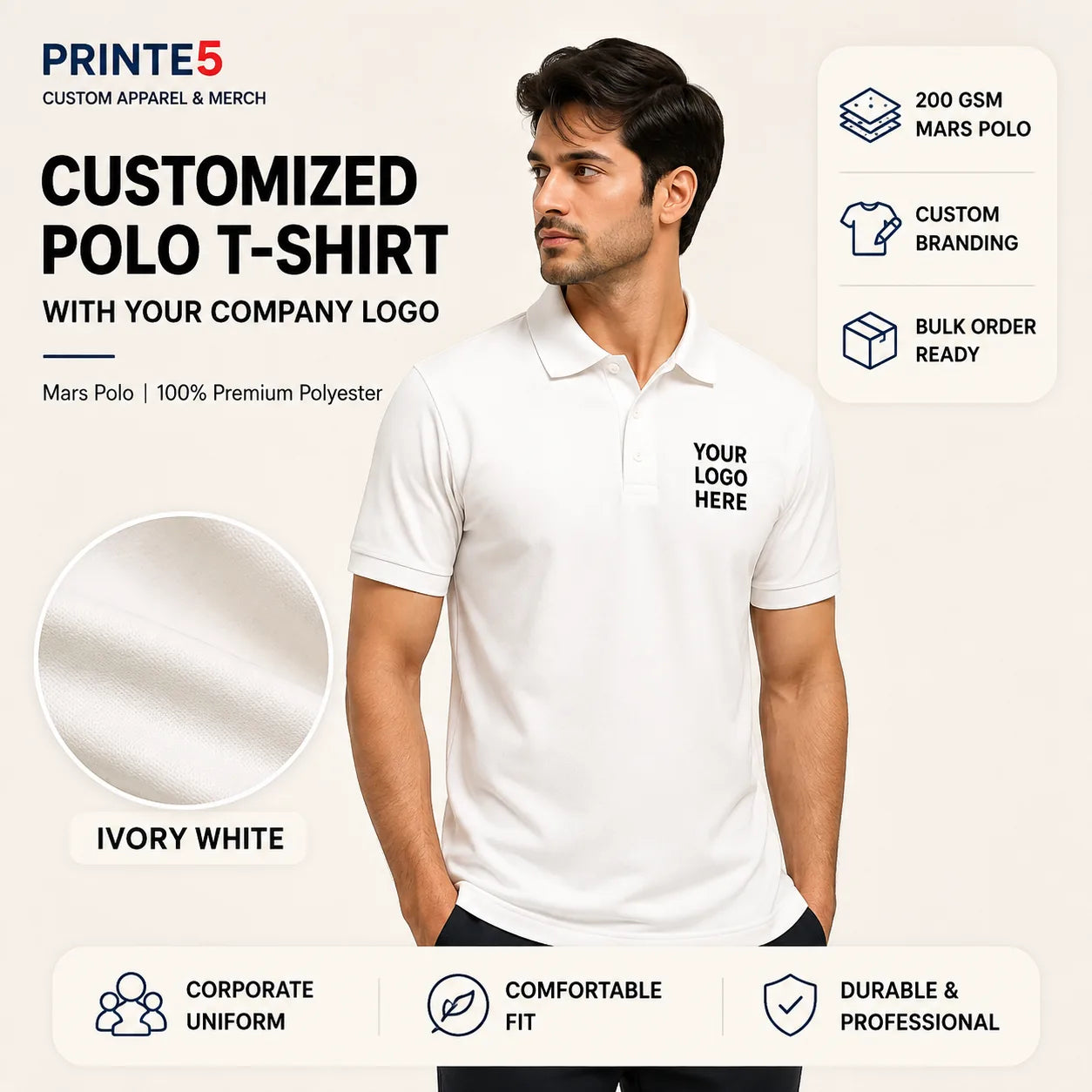 Ivory White custom 200 GSM Mars Polo T-shirt with company logo for corporate uniforms and B2B bulk orders