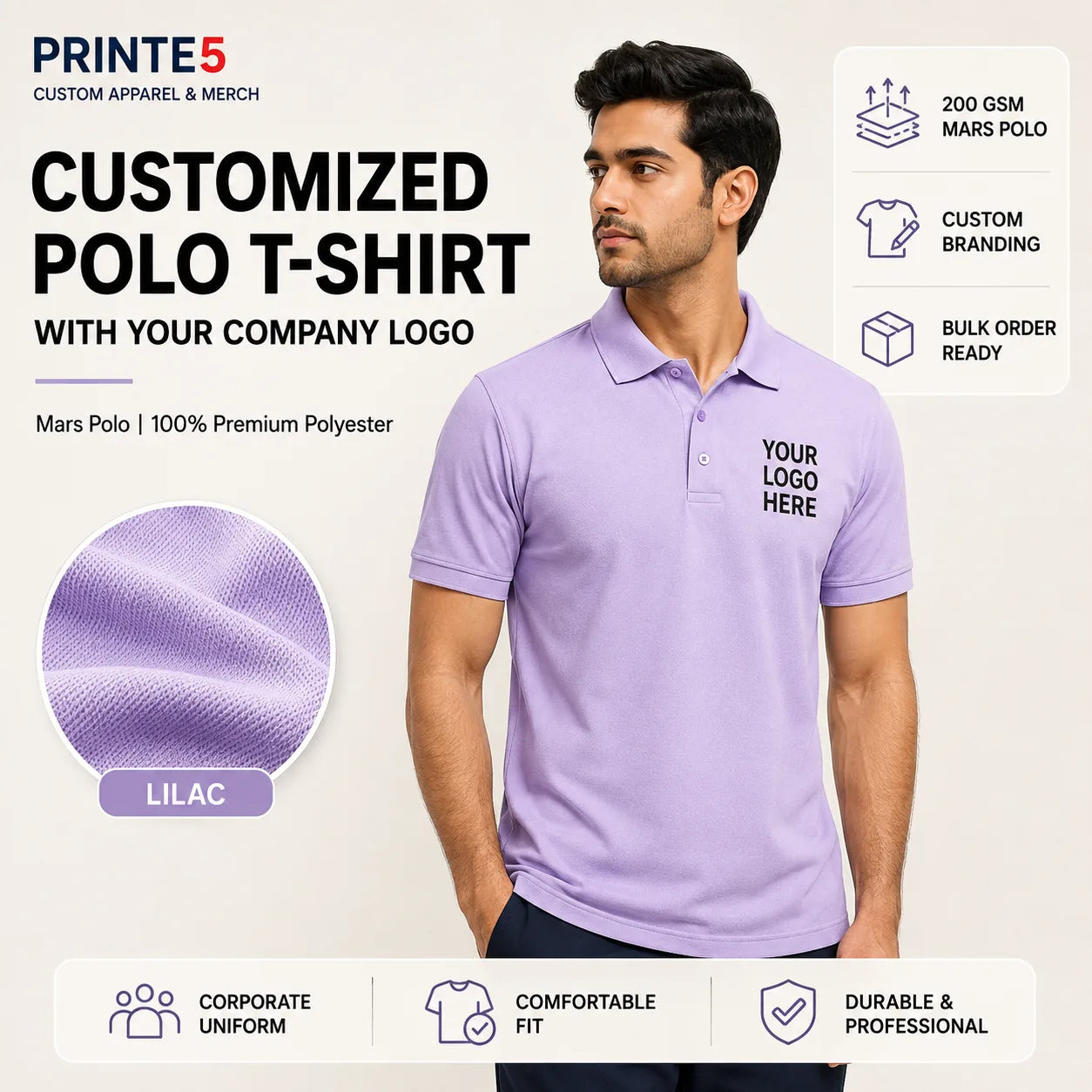 Lilac custom 200 GSM Mars Polo T-shirt with company logo for corporate uniforms and B2B bulk orders