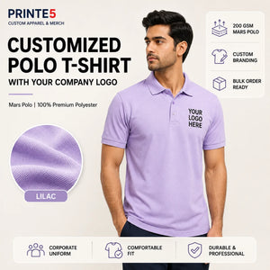 Lilac custom 200 GSM Mars Polo T-shirt with company logo for corporate uniforms and B2B bulk orders