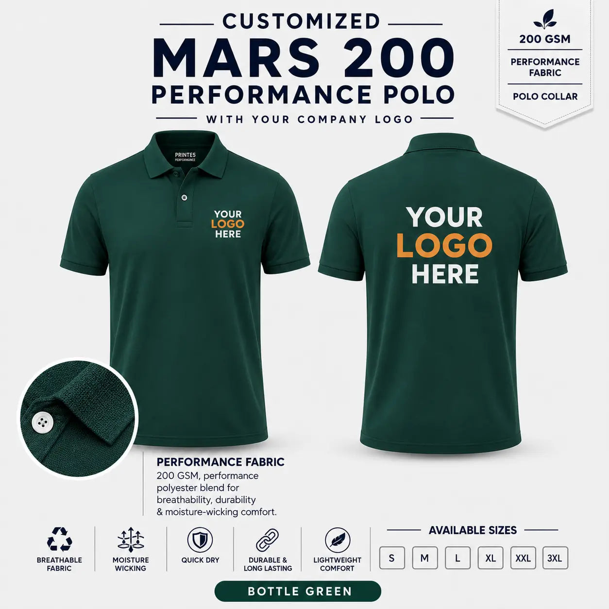 Custom Performance Polo T-Shirt – 200 GSM - Bottle Green