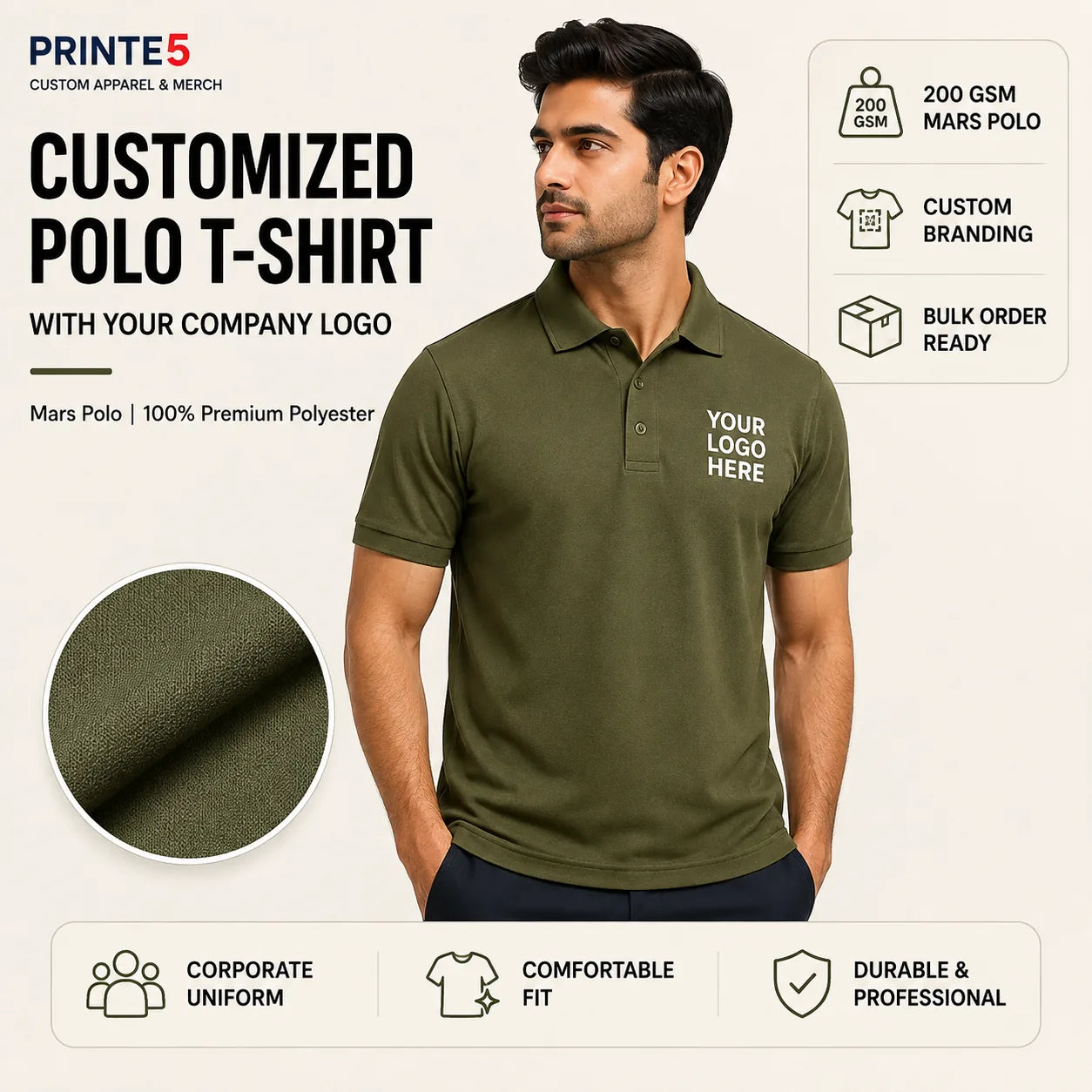 Olive Green custom 200 GSM Mars Polo T-shirt with company logo for corporate uniforms and B2B bulk orders
