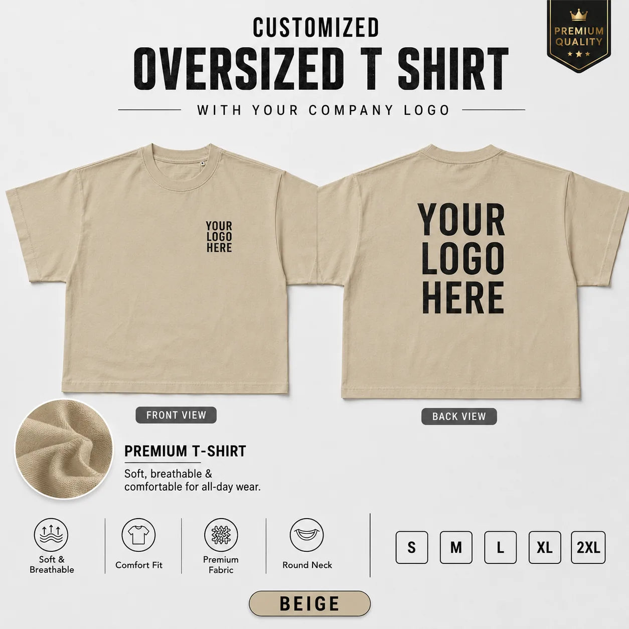 Beige custom premium oversized t-shirt showing front and back logo placement
