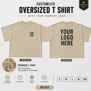 Beige custom premium oversized t-shirt showing front and back logo placement