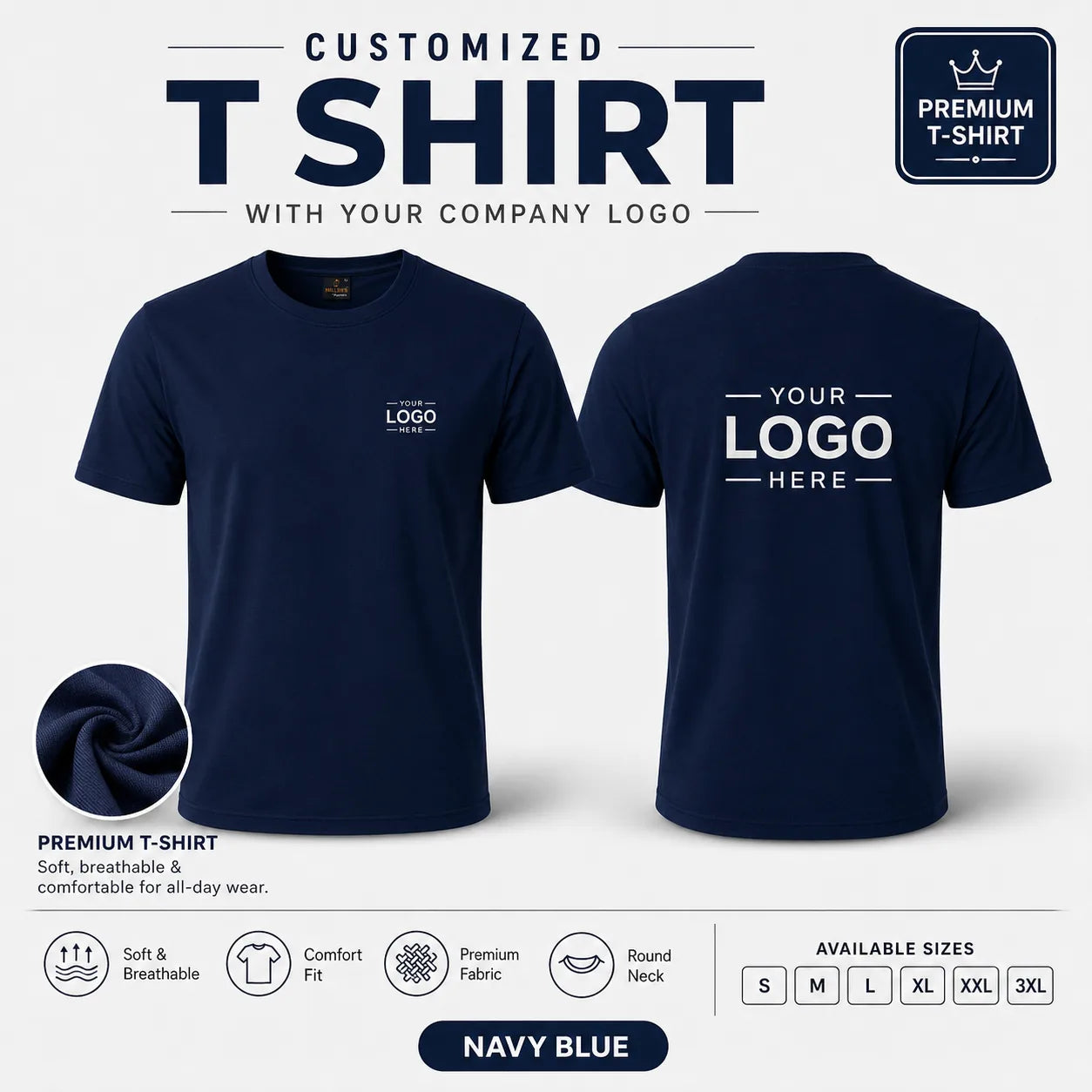 Navy Blue custom premium round neck t-shirt showing front and back logo placement