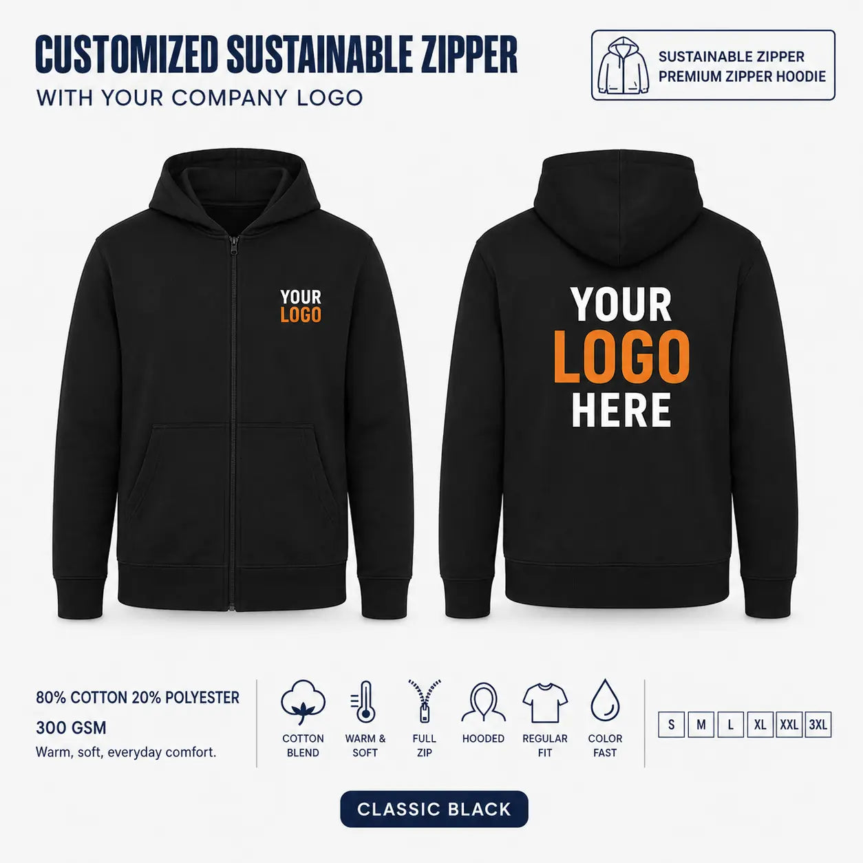Custom Recycled Cotton Full-Zip Hoodie – 300 GSM - Classic Black