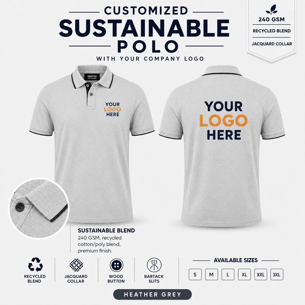 Custom Recycled Cotton Jacquard Polo T-Shirt – 240 GSM - Heather Grey