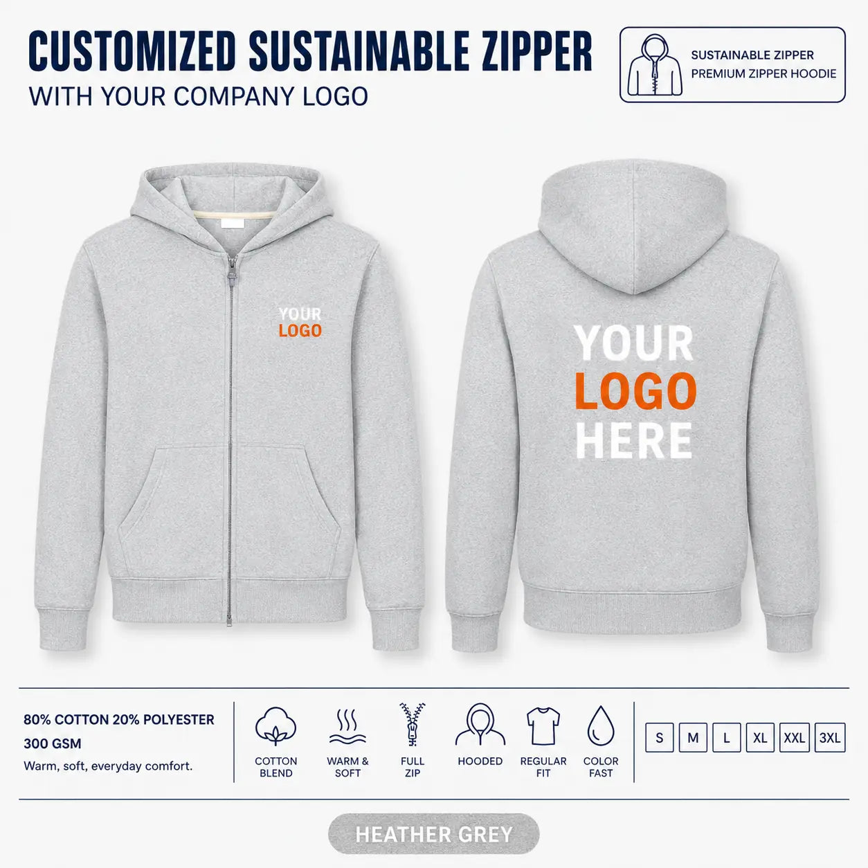 Custom Recycled Cotton Full-Zip Hoodie – 300 GSM - Heather Grey