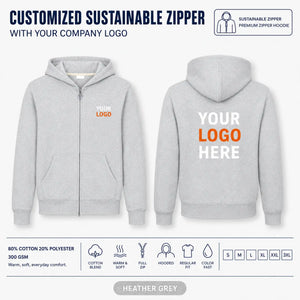 Custom Recycled Cotton Full-Zip Hoodie – 300 GSM - Heather Grey