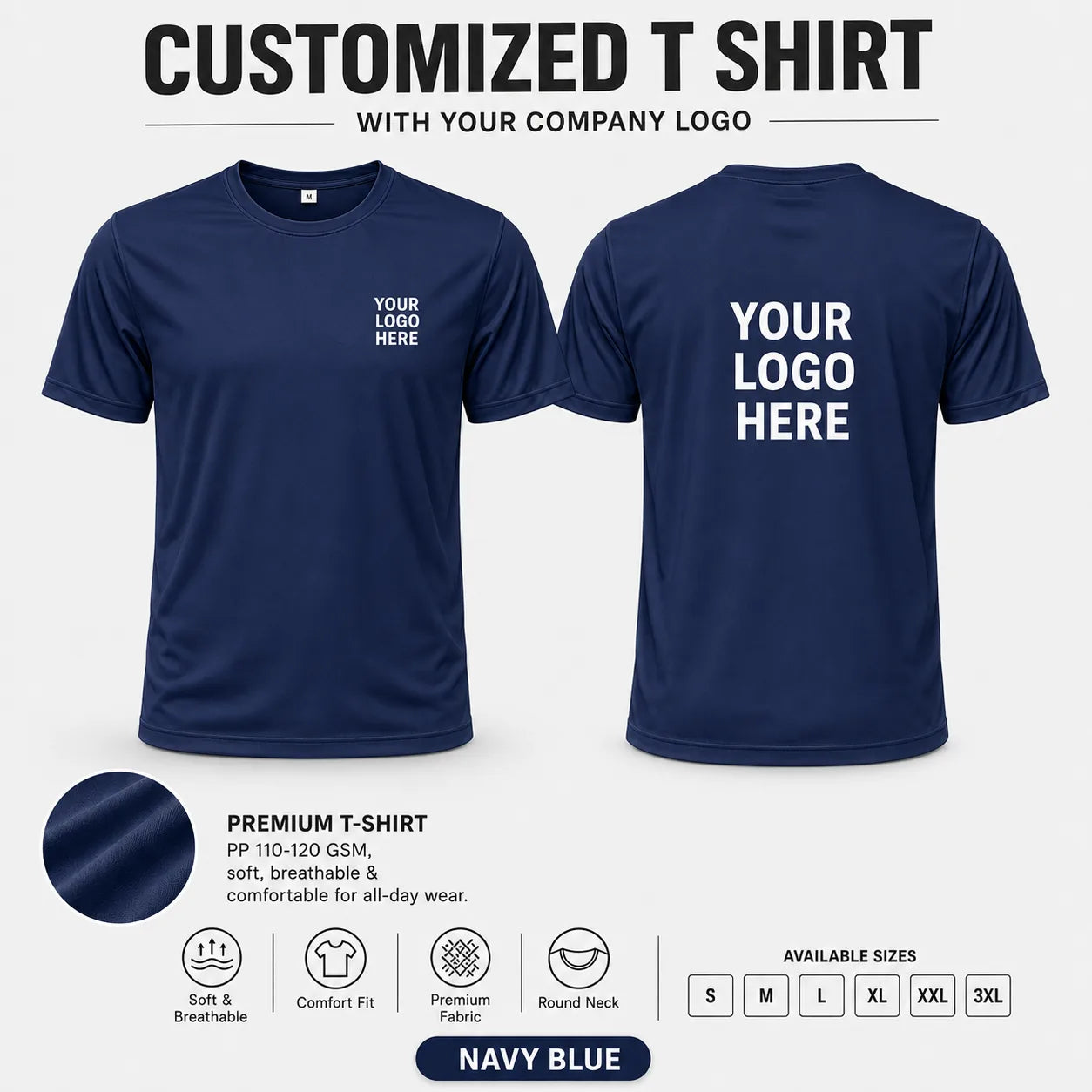 Navy Blue custom pp round neck t-shirt - 110-120 gsm showing front and back logo placement