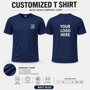 Navy Blue custom pp round neck t-shirt - 110-120 gsm showing front and back logo placement