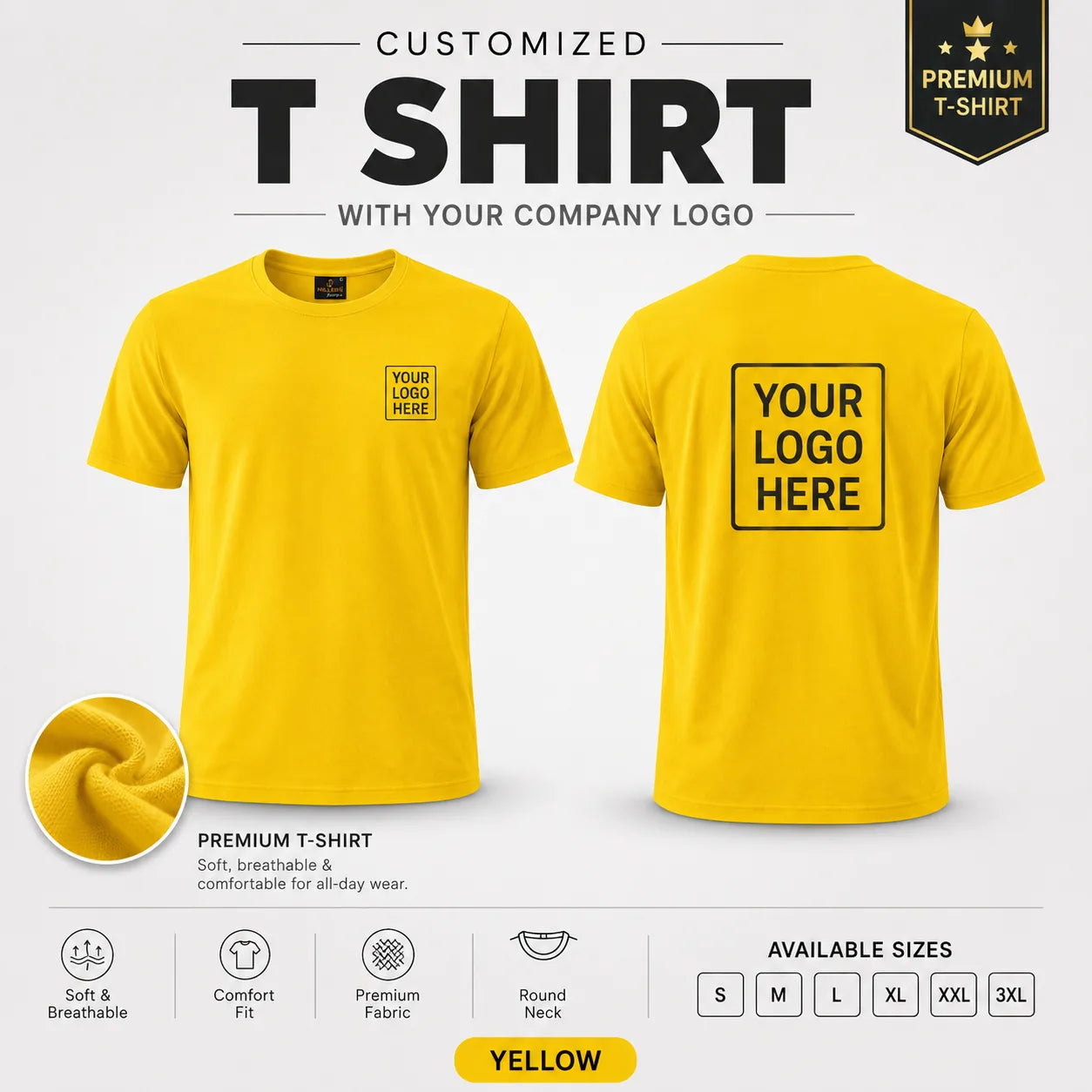 Yellow custom pp round neck t-shirt - 110-120 gsm showing front and back logo placement