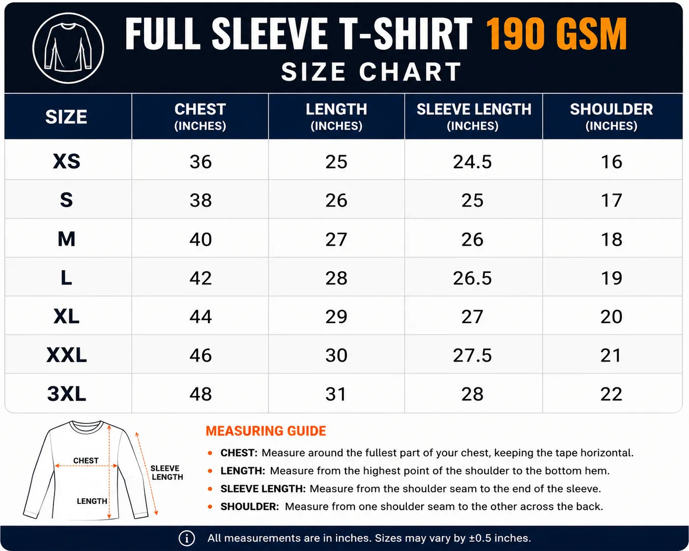 Custom 190 GSM Bio-Washed Full Sleeve Cotton T-Shirt size guide
