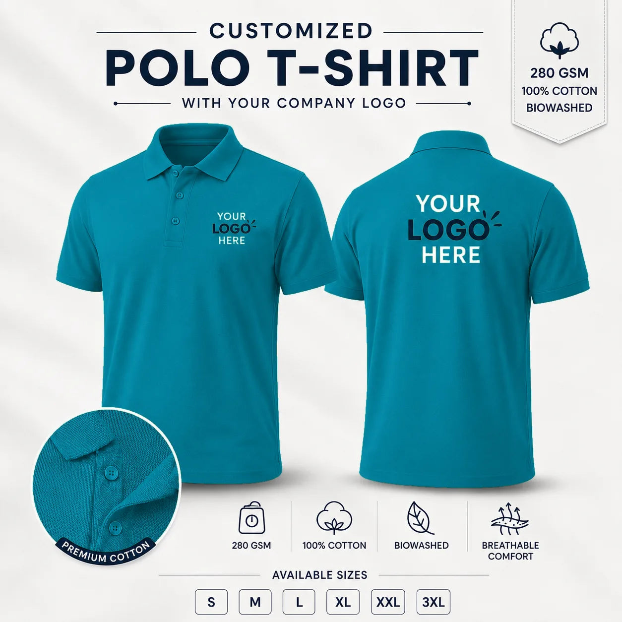 Harbour Blue custom micro dryfit polo t-shirt with tipping - 190-200 gsm showing front and back logo placement