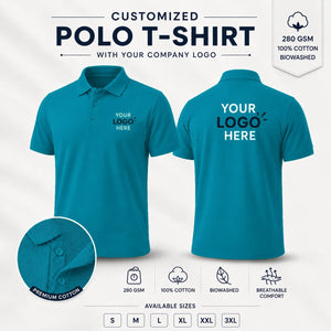 Harbour Blue custom micro dryfit polo t-shirt with tipping - 190-200 gsm showing front and back logo placement