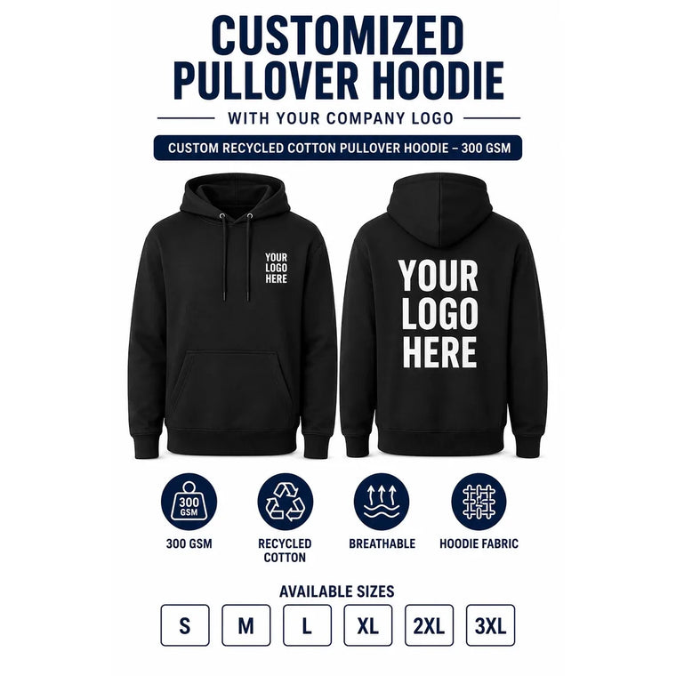 Custom Recycled Cotton Pullover Hoodie – 300 GSM