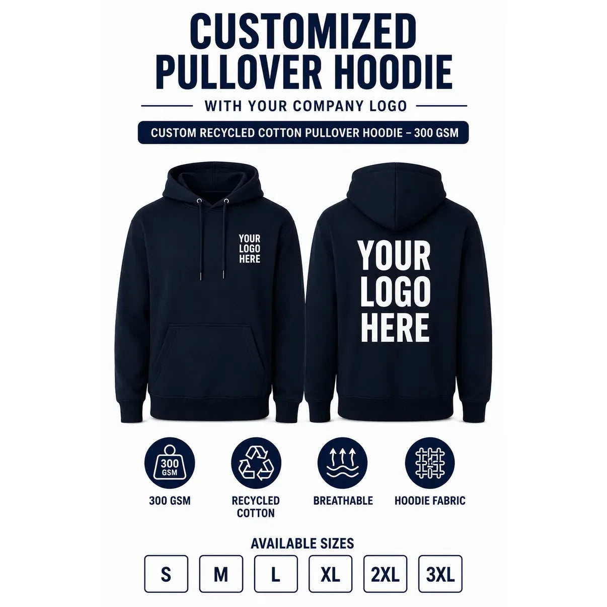 Custom Recycled Cotton Pullover Hoodie – 300 GSM - Midnight Navy