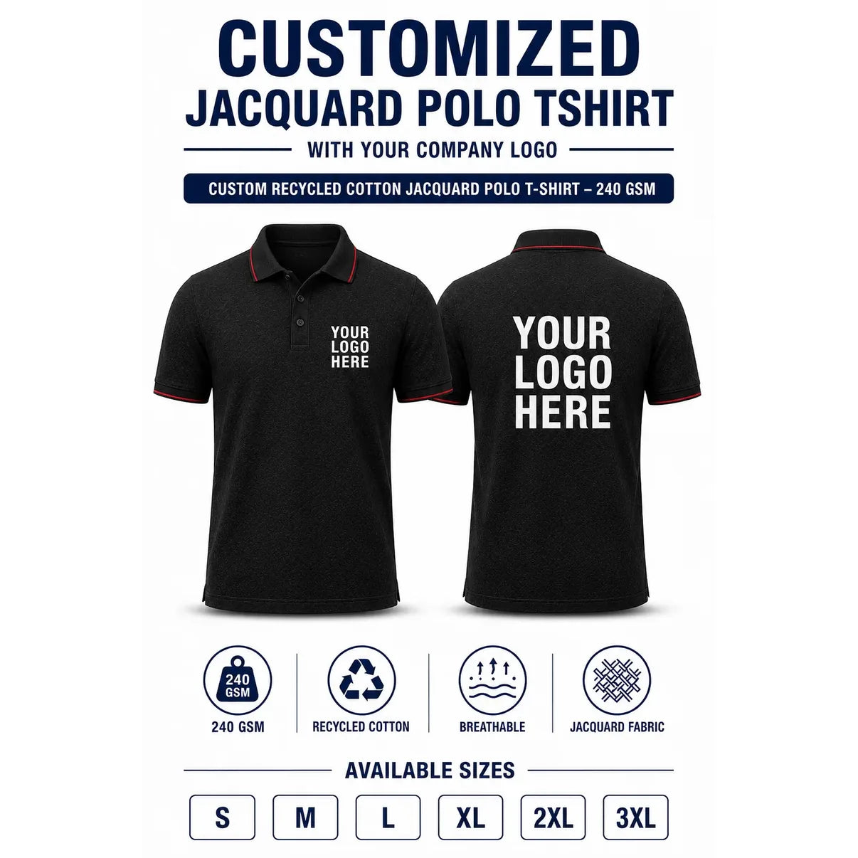 Custom Recycled Cotton Jacquard Polo T-Shirt – 240 GSM - Classic Black Red