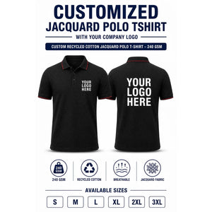 Custom Recycled Cotton Jacquard Polo T-Shirt – 240 GSM - Classic Black Red