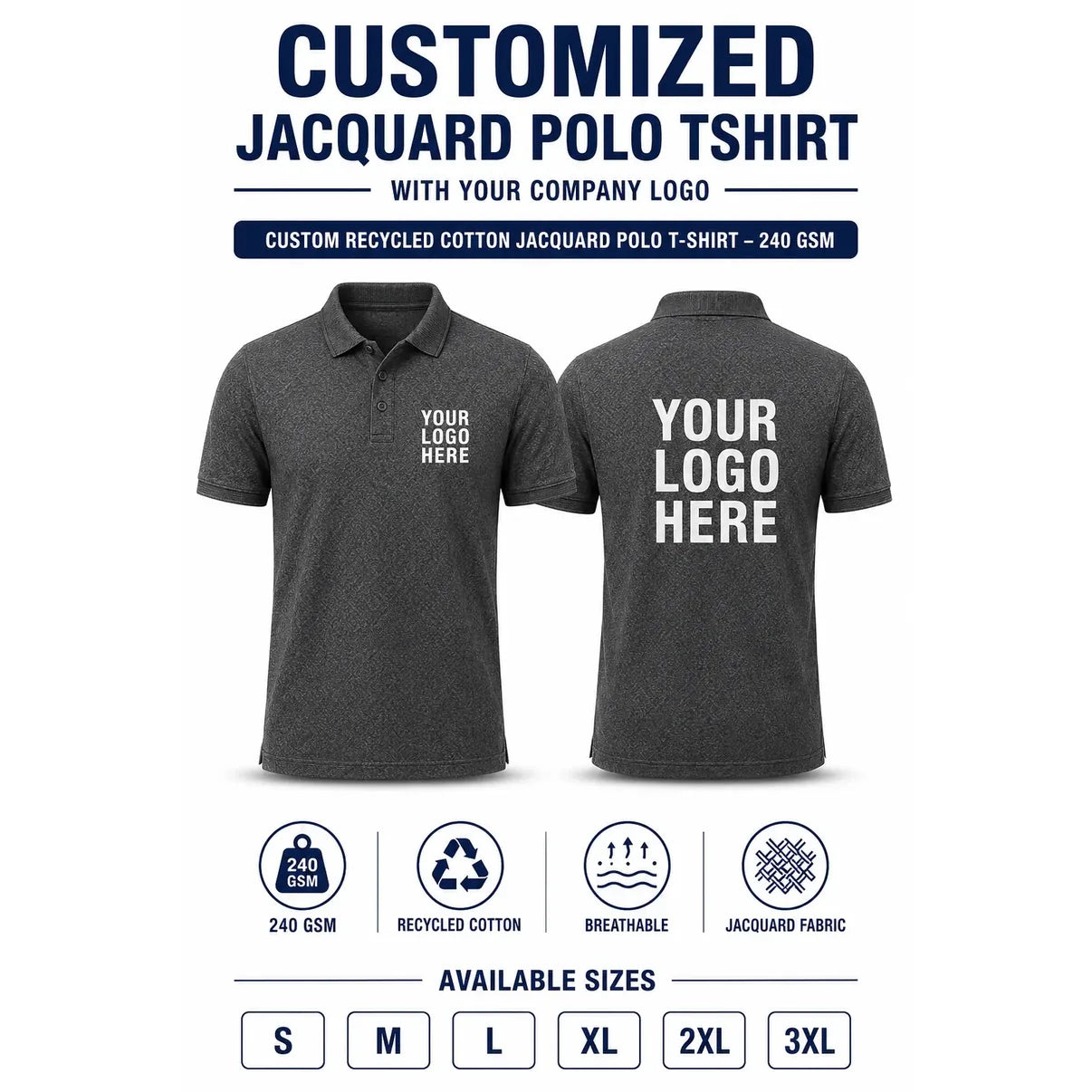 Custom Recycled Cotton Jacquard Polo T-Shirt – 240 GSM - Charcoal Melange