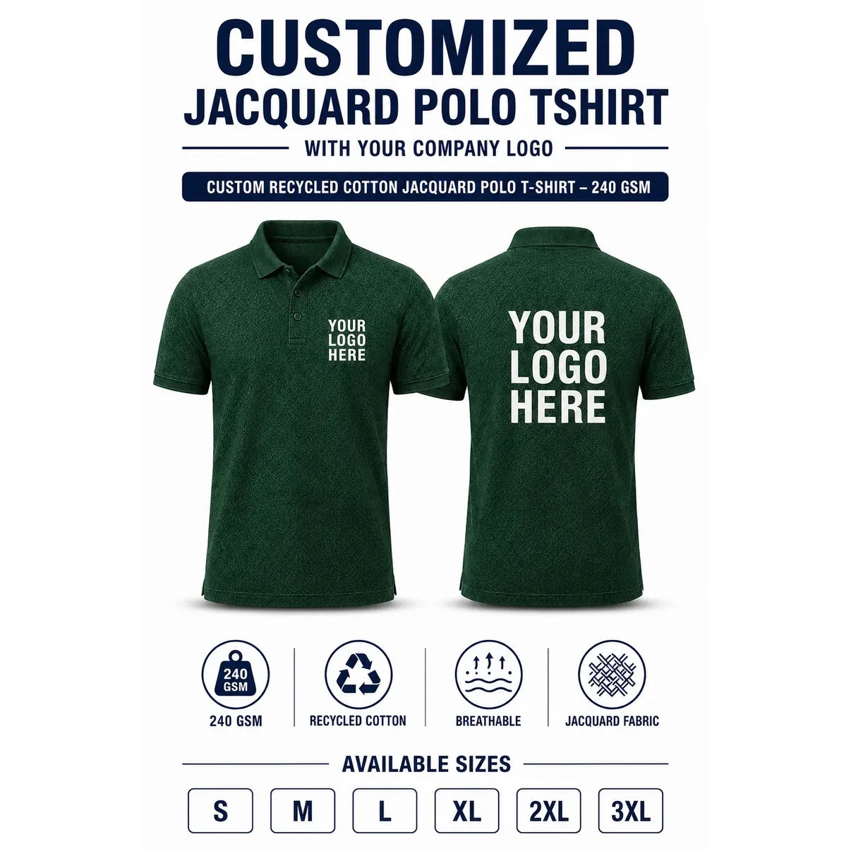 Custom Recycled Cotton Jacquard Polo T-Shirt – 240 GSM - Forest Green