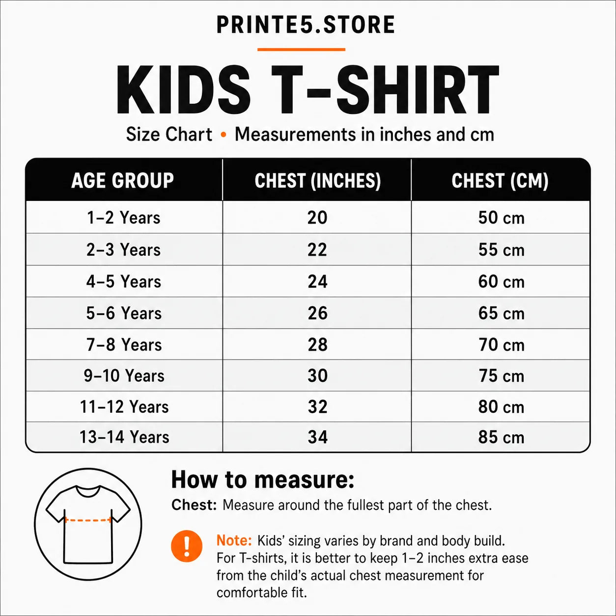Custom Kids Round Neck T-Shirt with Your Logo size guide