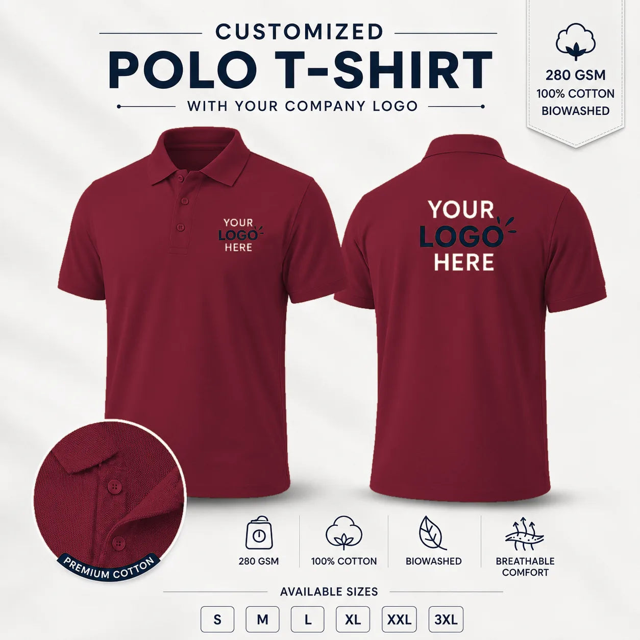 Maroon custom micro dryfit polo t-shirt with tipping - 190-200 gsm showing front and back logo placement