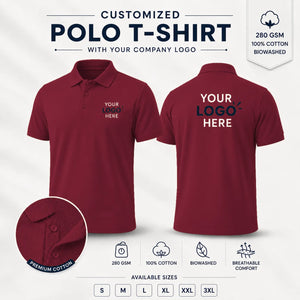 Maroon custom micro dryfit polo t-shirt with tipping - 190-200 gsm showing front and back logo placement