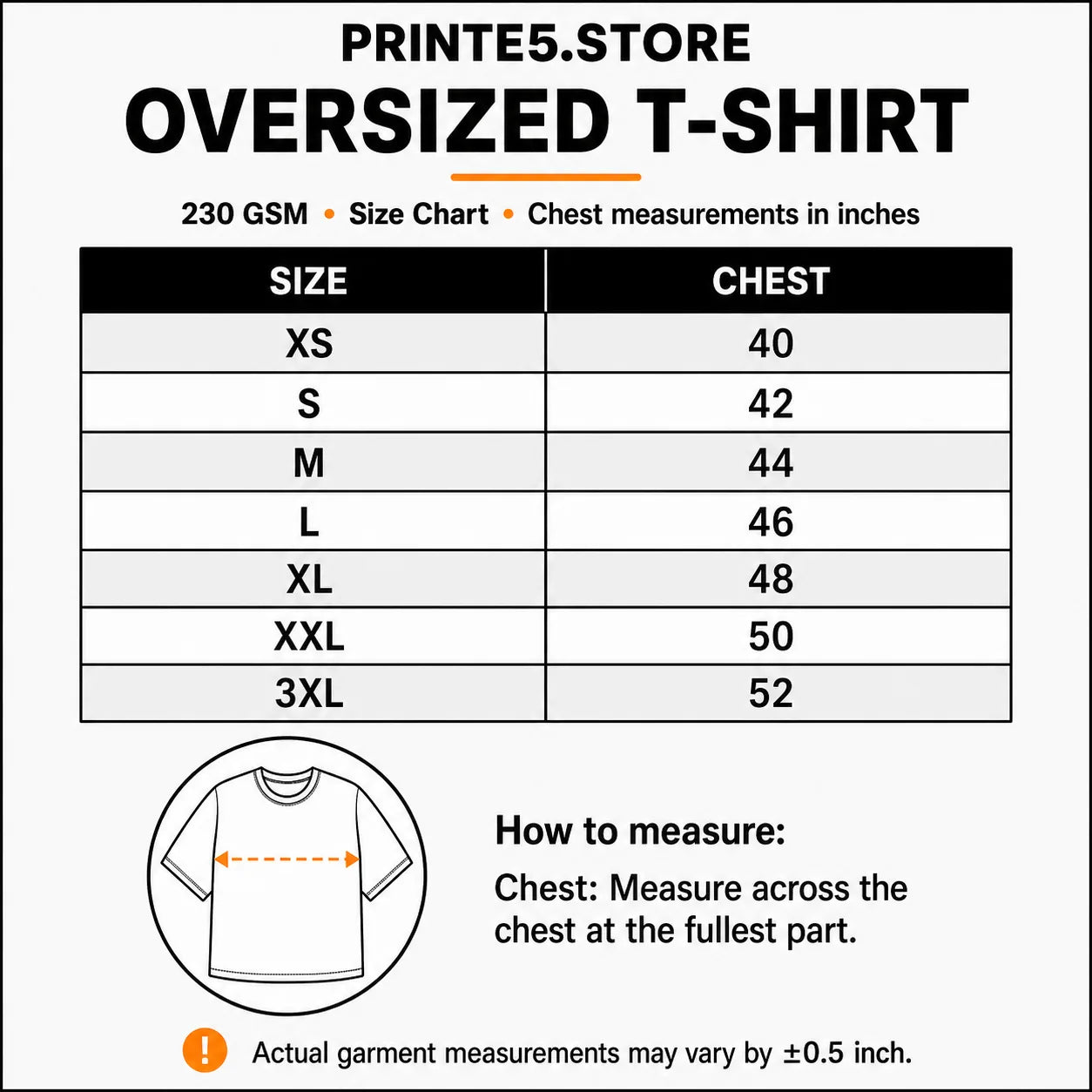 Custom Premium Bio-Washed Oversized T-Shirt – 230 GSM size guide