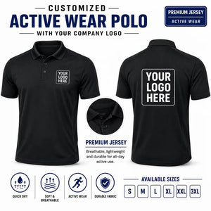 Black custom active wear polo t-shirts with company logo, front and back product view for company logo customization