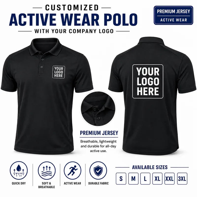 Black custom active wear polo t-shirts with company logo, front and back product view for company logo customization