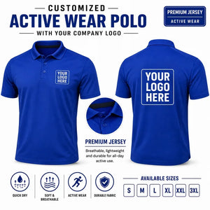 Bright Royal Blue custom active wear polo t-shirts with company logo, front and back product view for company logo customization