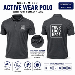 Charcoal Grey custom active wear polo t-shirts with company logo, front and back product view for company logo customization