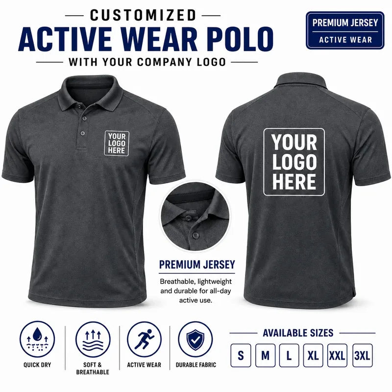 Charcoal Grey custom active wear polo t-shirts with company logo, front and back product view for company logo customization