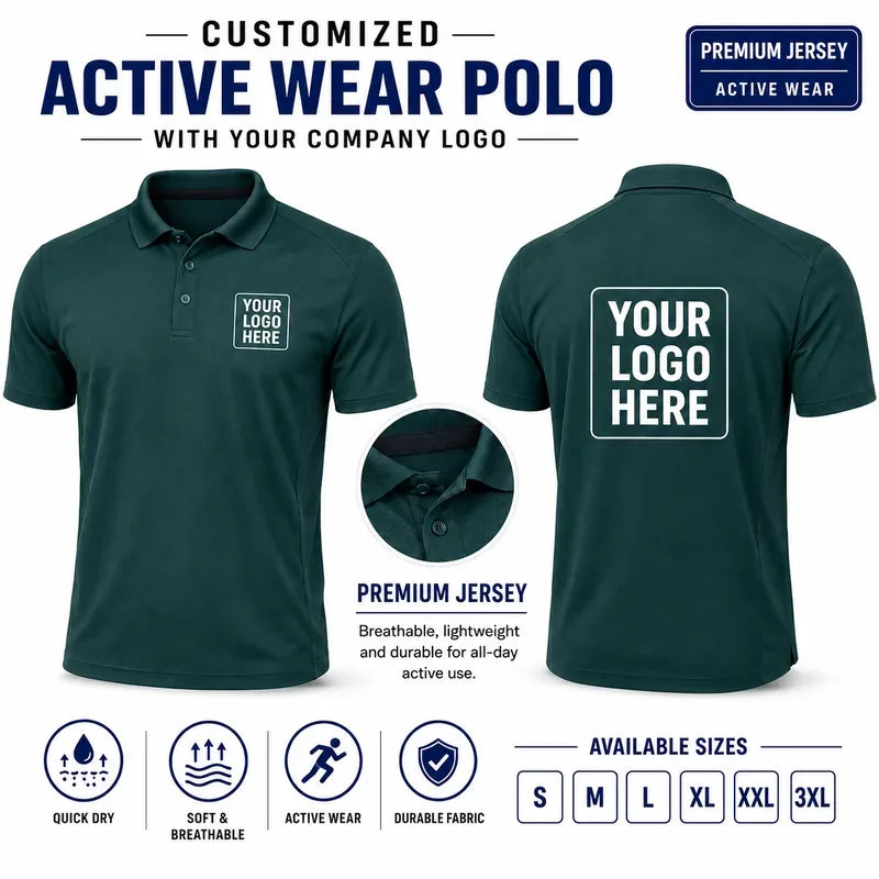 Dark Green Teal custom active wear polo t-shirts with company logo, front and back product view for company logo customization