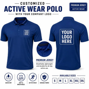 Deep Royal Blue custom active wear polo t-shirts with company logo, front and back product view for company logo customization