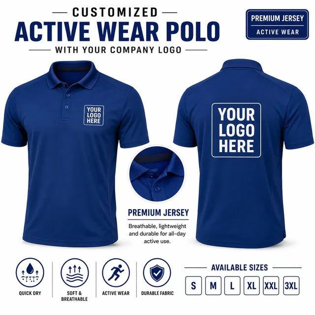 Deep Royal Blue custom active wear polo t-shirts with company logo, front and back product view for company logo customization