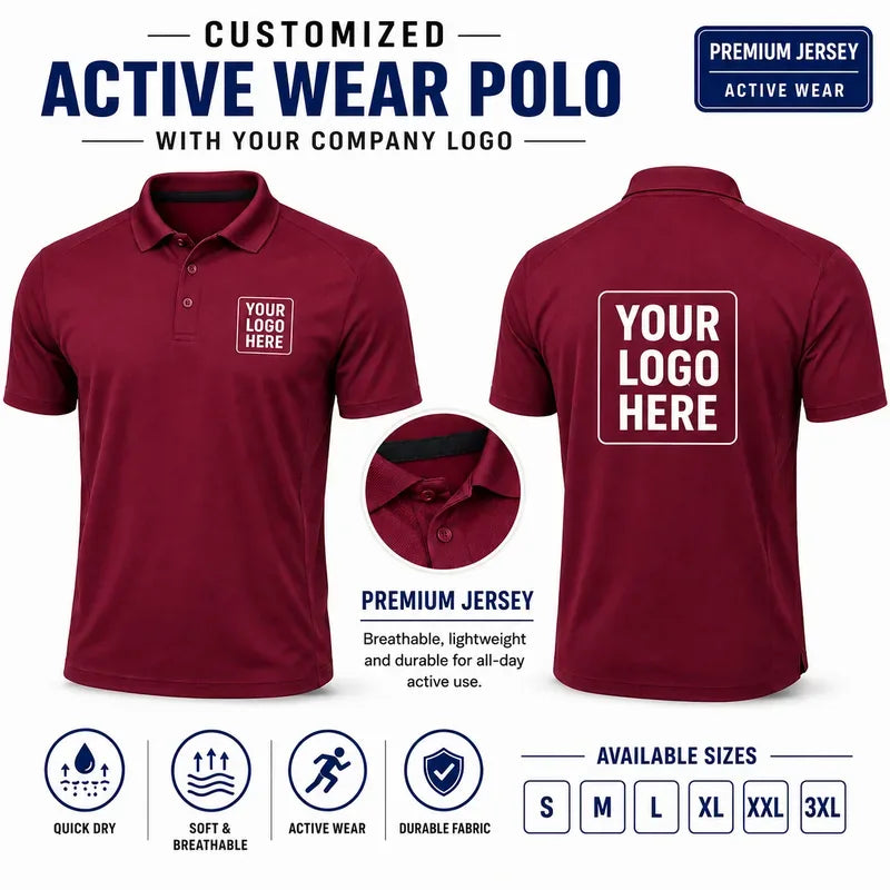 Maroon Red custom active wear polo t-shirts with company logo, front and back product view for company logo customization