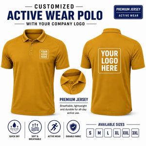 Mustard Yellow custom active wear polo t-shirts with company logo, front and back product view for company logo customization