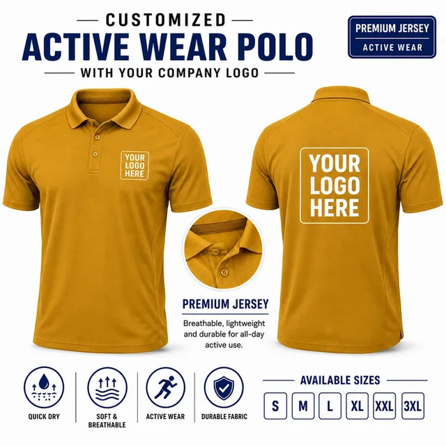 Mustard Yellow custom active wear polo t-shirts with company logo, front and back product view for company logo customization