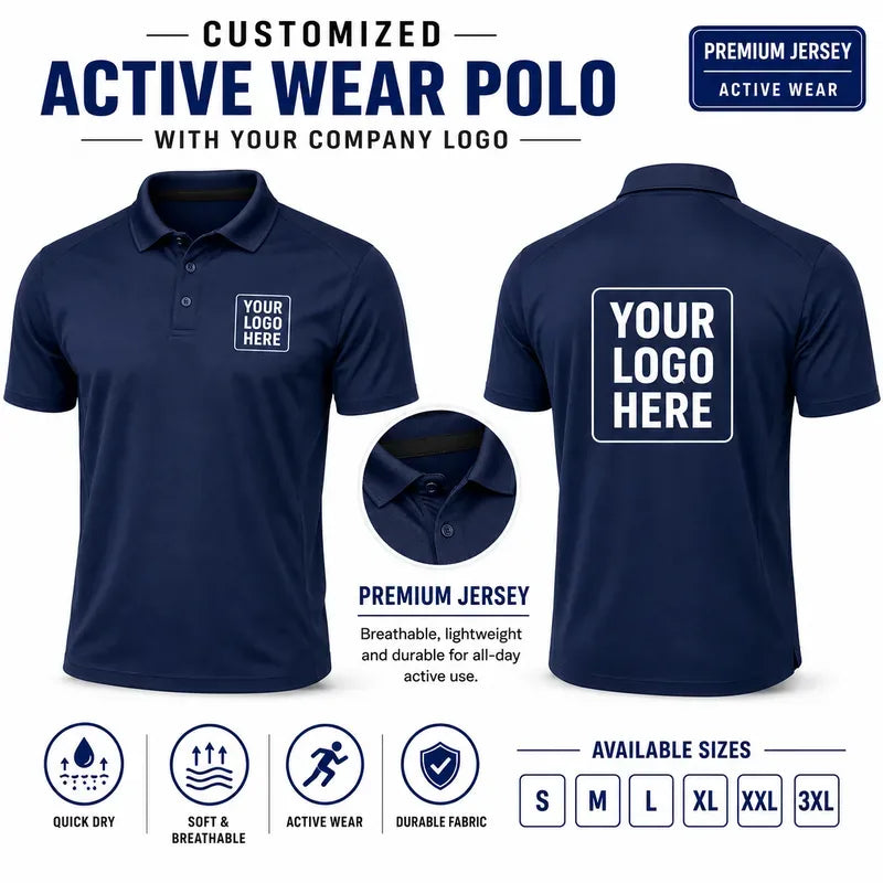 Navy Blue custom active wear polo t-shirts with company logo, front and back product view for company logo customization