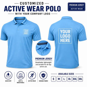 Sky Blue custom active wear polo t-shirts with company logo, front and back product view for company logo customization