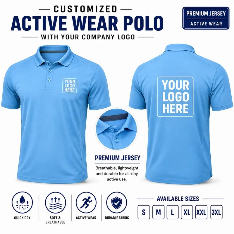 Sky Blue custom active wear polo t-shirts with company logo, front and back product view for company logo customization