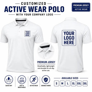 White custom active wear polo t-shirts with company logo, front and back product view for company logo customization