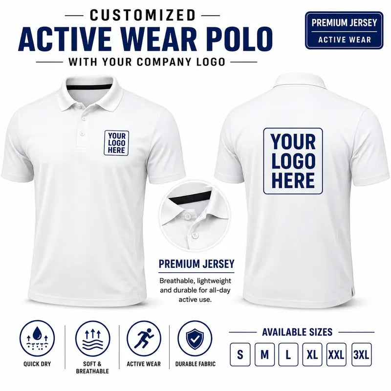 White custom active wear polo t-shirts with company logo, front and back product view for company logo customization