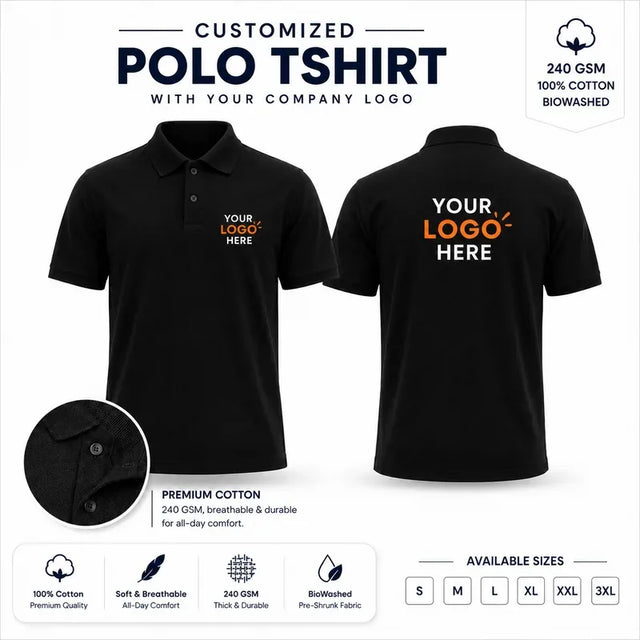 Black custom 240 gsm cotton polo t-shirts with company logo, front and back product view for company logo customization