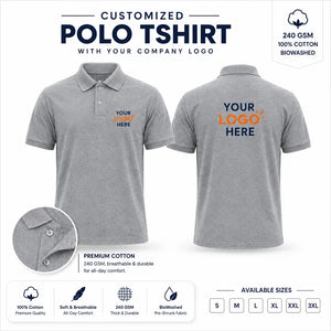 Grey custom 240 gsm cotton polo t-shirts with company logo, front and back product view for company logo customization