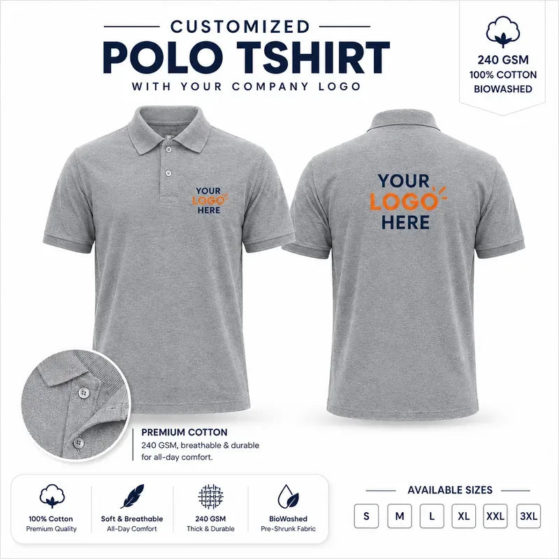 Grey custom 240 gsm cotton polo t-shirts with company logo, front and back product view for company logo customization