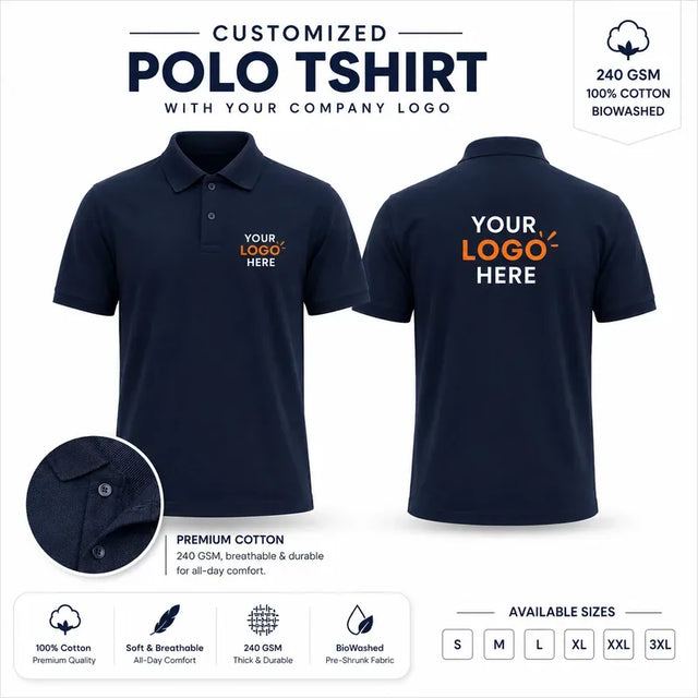 Navy custom 240 gsm cotton polo t-shirts with company logo, front and back product view for company logo customization