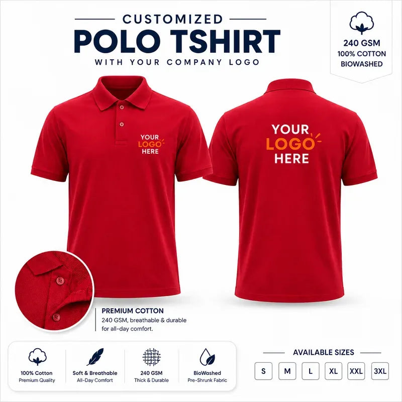Red custom 240 gsm cotton polo t-shirts with company logo, front and back product view for company logo customization