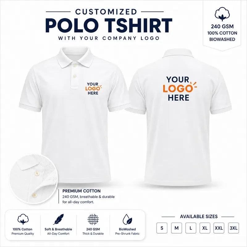 White custom 240 gsm cotton polo t-shirts with company logo, front and back product view for company logo customization